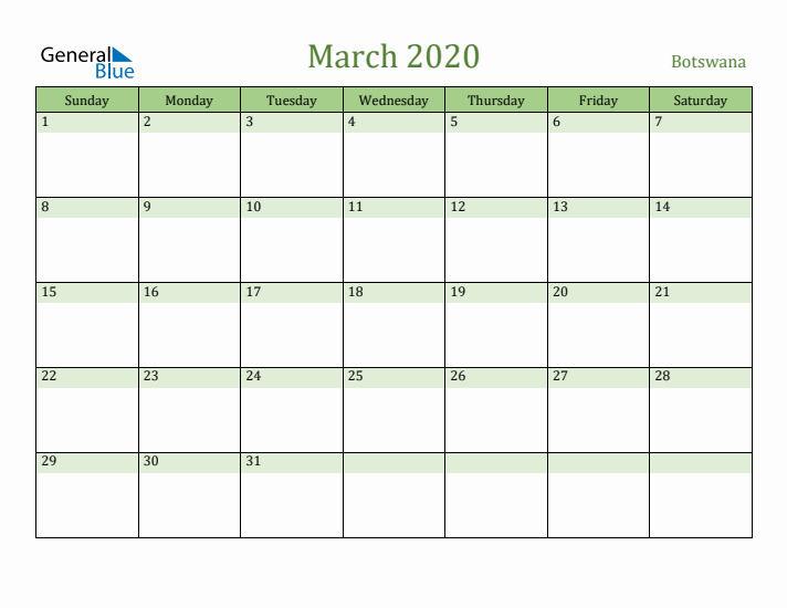 March 2020 Calendar with Botswana Holidays