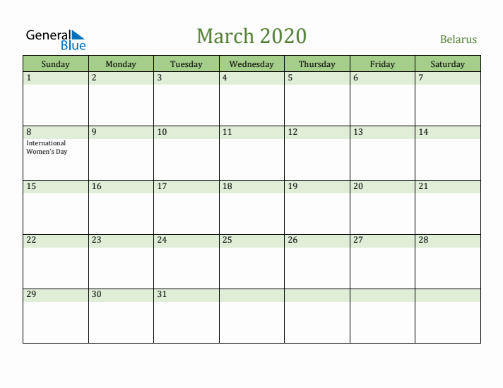 March 2020 Calendar with Belarus Holidays