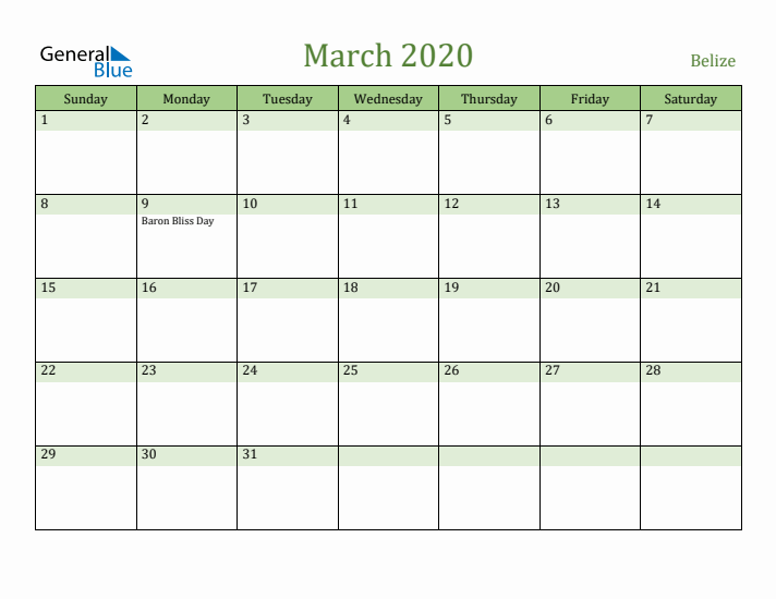 March 2020 Calendar with Belize Holidays