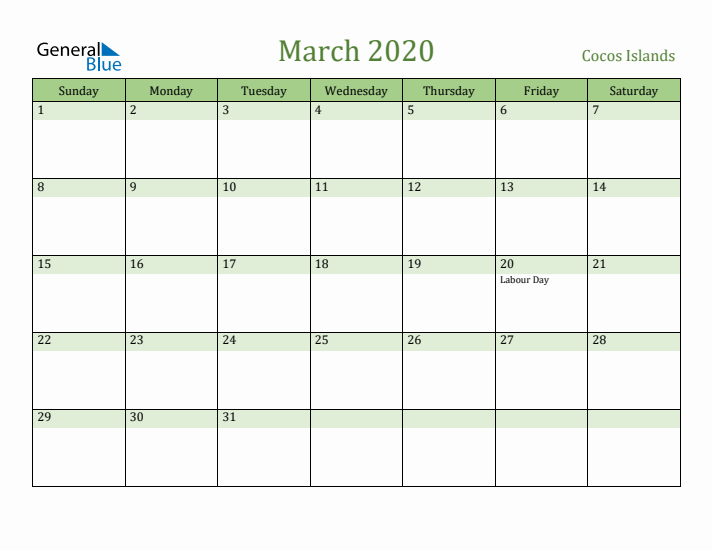 March 2020 Calendar with Cocos Islands Holidays