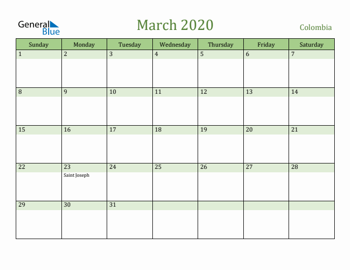 March 2020 Calendar with Colombia Holidays