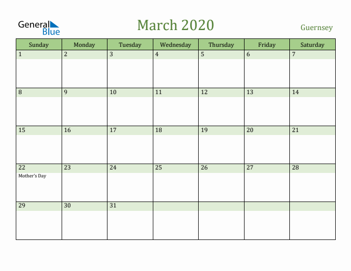 March 2020 Calendar with Guernsey Holidays