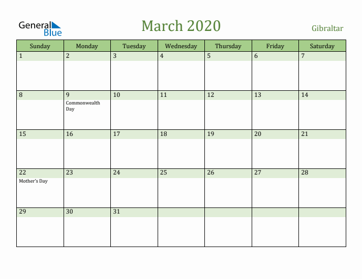 March 2020 Calendar with Gibraltar Holidays