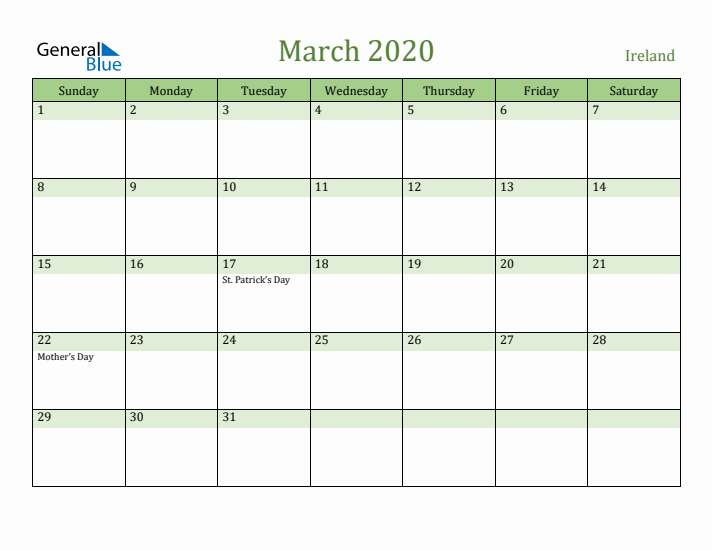 March 2020 Calendar with Ireland Holidays