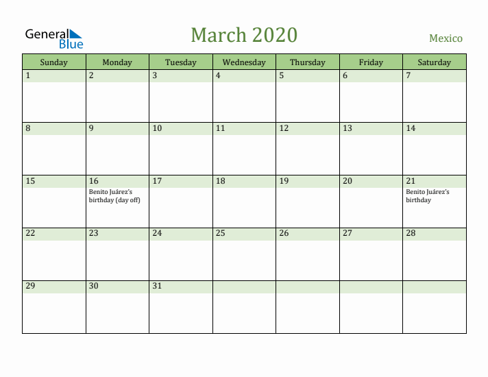 March 2020 Calendar with Mexico Holidays