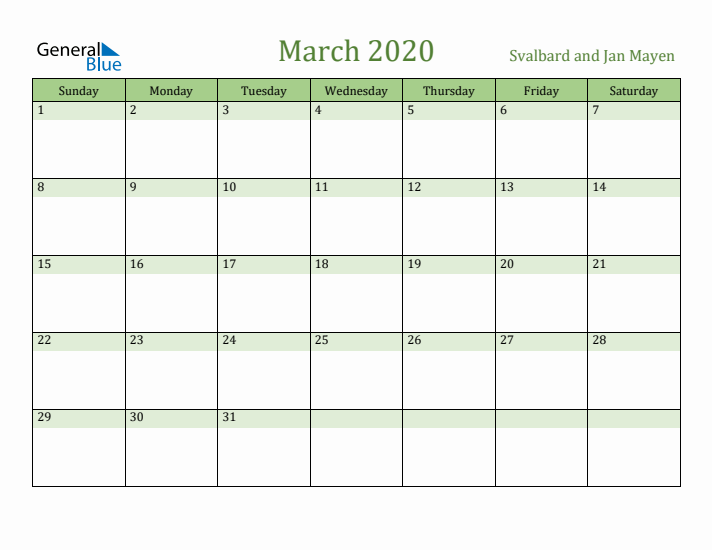 March 2020 Calendar with Svalbard and Jan Mayen Holidays