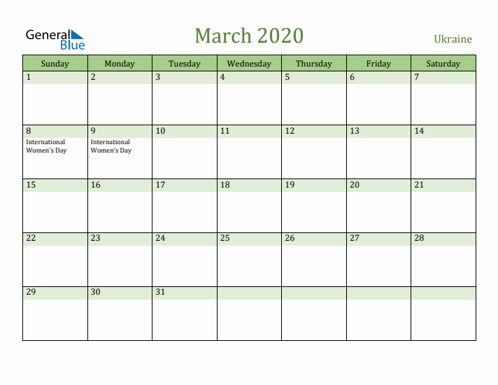 March 2020 Calendar with Ukraine Holidays