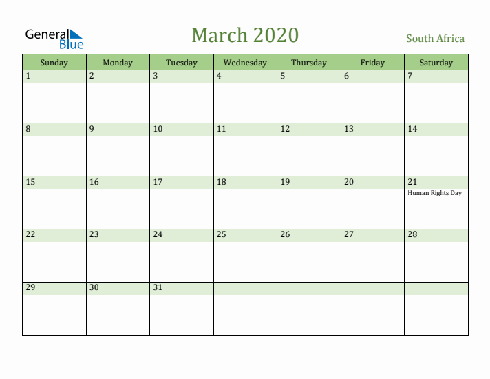 March 2020 Calendar with South Africa Holidays