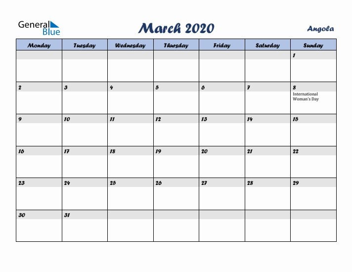 March 2020 Calendar with Holidays in Angola