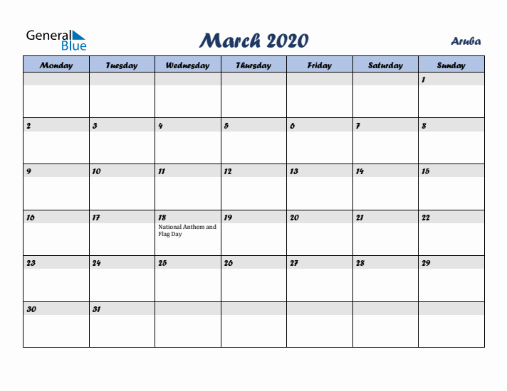 March 2020 Calendar with Holidays in Aruba