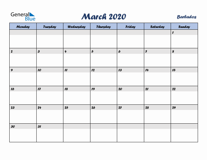 March 2020 Calendar with Holidays in Barbados