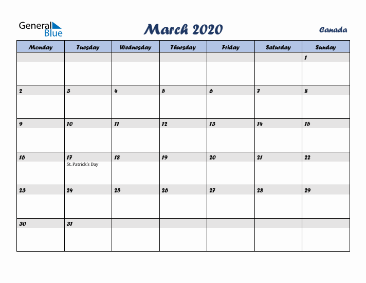 March 2020 Calendar with Holidays in Canada