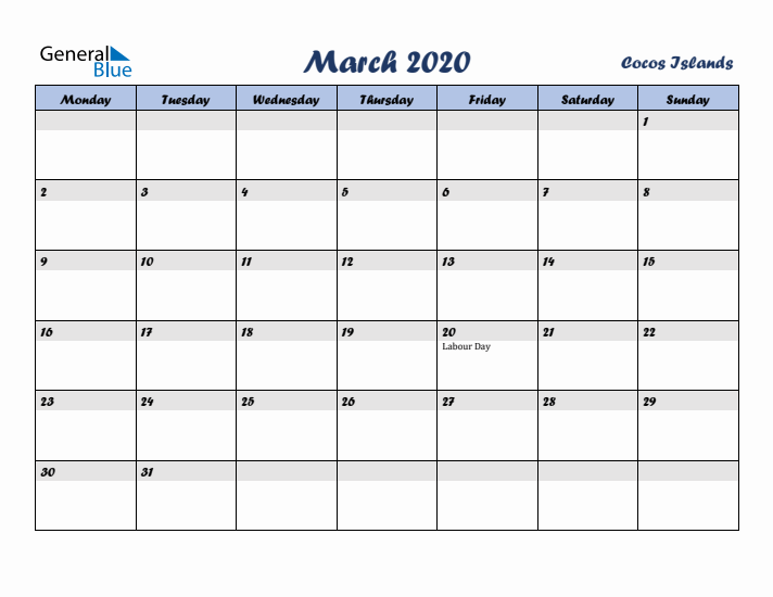 March 2020 Calendar with Holidays in Cocos Islands