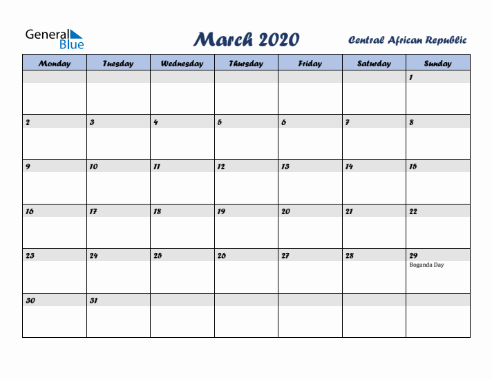 March 2020 Calendar with Holidays in Central African Republic