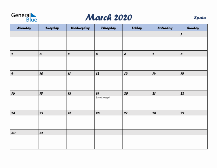 March 2020 Calendar with Holidays in Spain