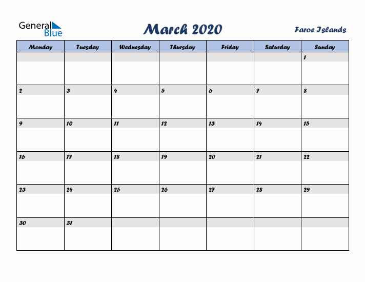 March 2020 Calendar with Holidays in Faroe Islands