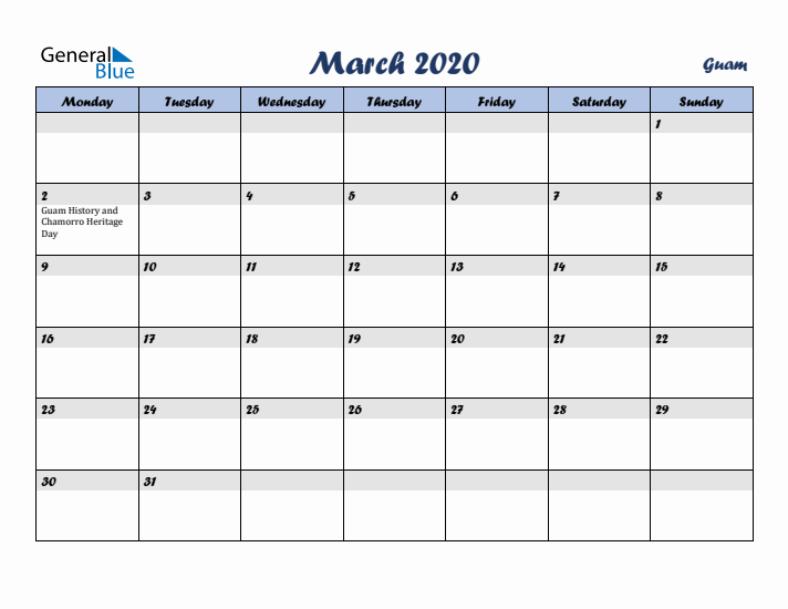 March 2020 Calendar with Holidays in Guam