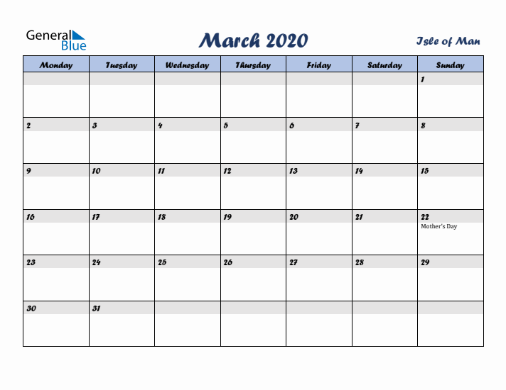 March 2020 Calendar with Holidays in Isle of Man