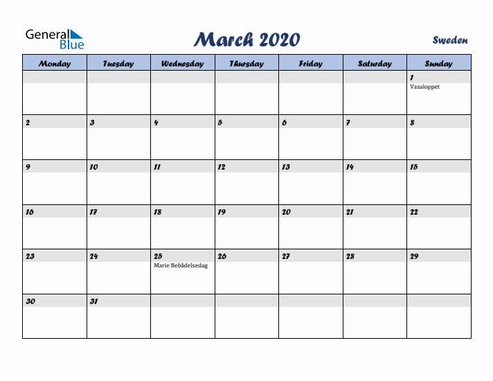 March 2020 Calendar with Holidays in Sweden