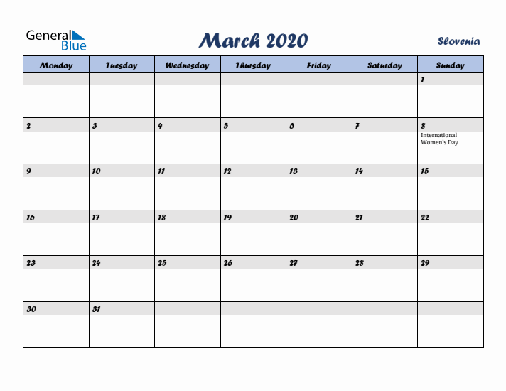 March 2020 Calendar with Holidays in Slovenia