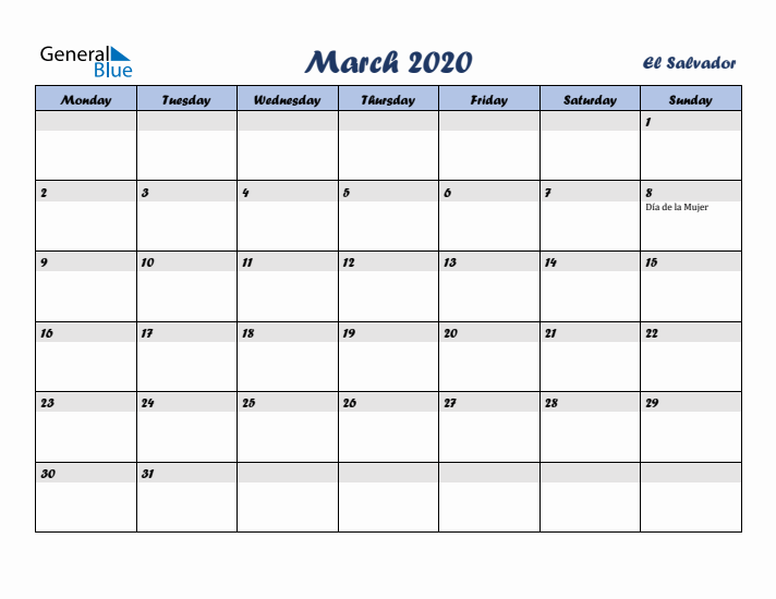 March 2020 Calendar with Holidays in El Salvador