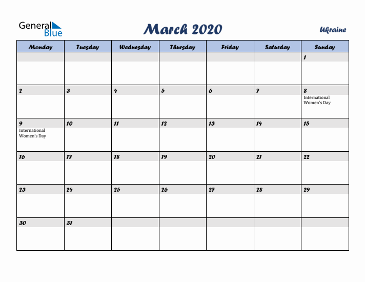 March 2020 Calendar with Holidays in Ukraine