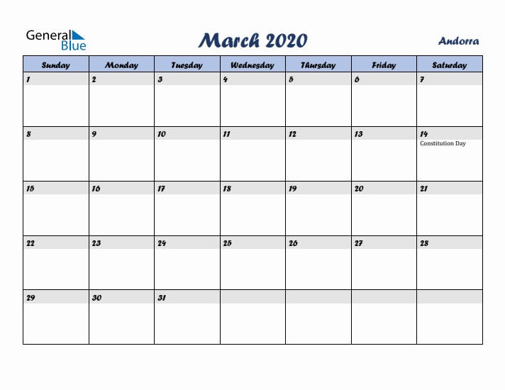 March 2020 Calendar with Holidays in Andorra