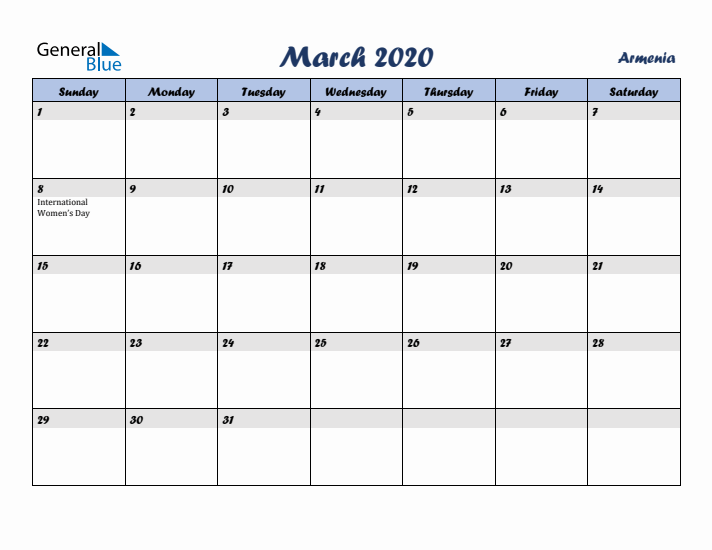 March 2020 Calendar with Holidays in Armenia