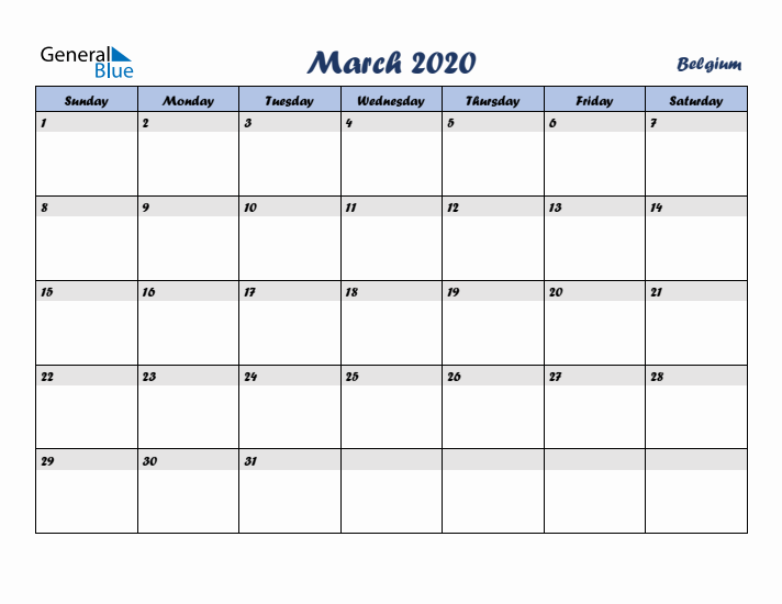 March 2020 Calendar with Holidays in Belgium