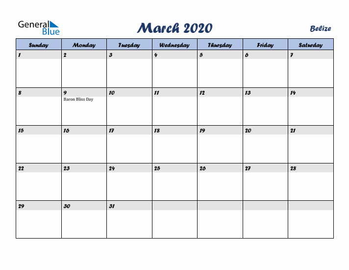 March 2020 Calendar with Holidays in Belize