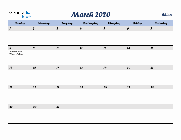 March 2020 Calendar with Holidays in China