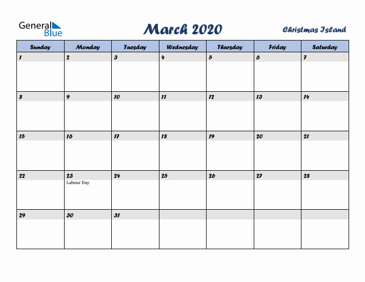 March 2020 Calendar with Holidays in Christmas Island