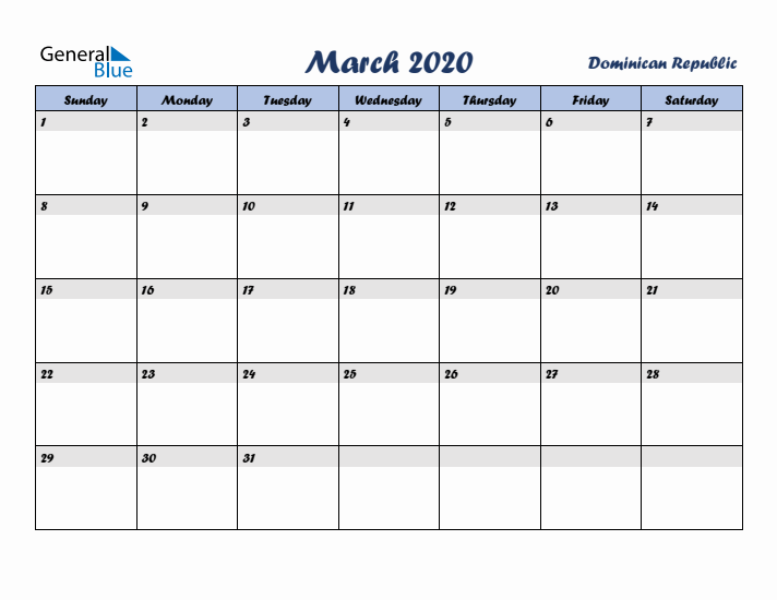 March 2020 Calendar with Holidays in Dominican Republic