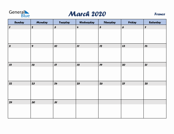 March 2020 Calendar with Holidays in France