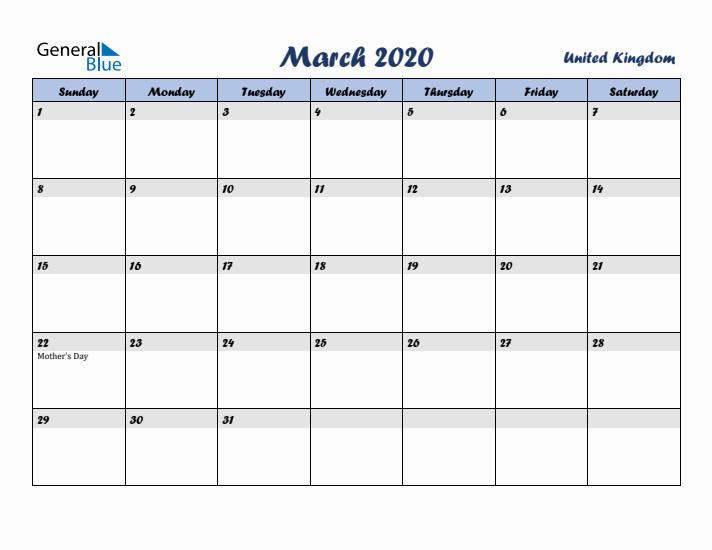 March 2020 Calendar with Holidays in United Kingdom