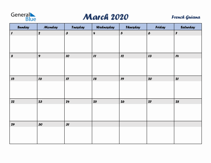 March 2020 Calendar with Holidays in French Guiana