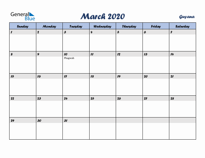 March 2020 Calendar with Holidays in Guyana