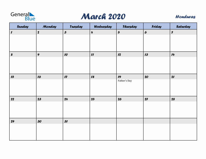 March 2020 Calendar with Holidays in Honduras