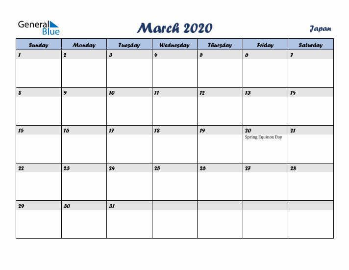 March 2020 Calendar with Holidays in Japan