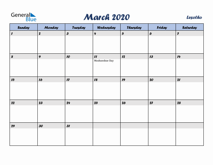 March 2020 Calendar with Holidays in Lesotho