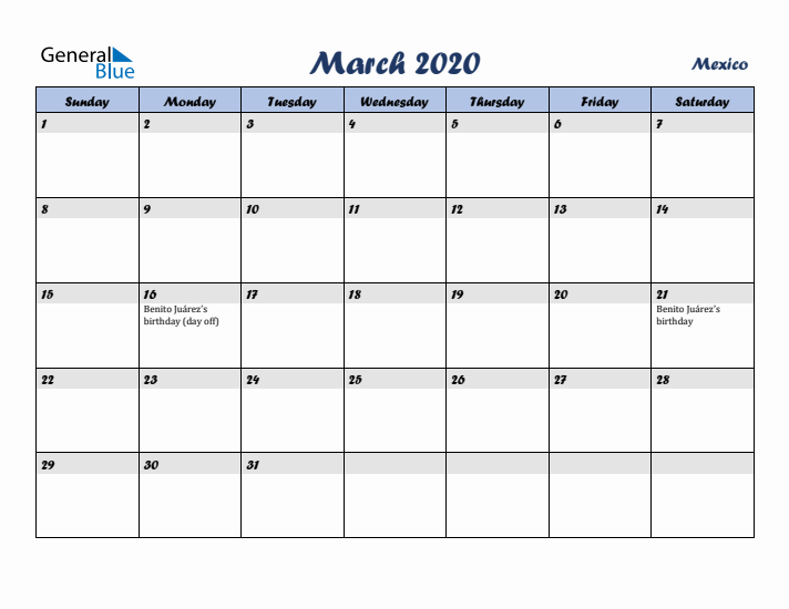 March 2020 Calendar with Holidays in Mexico