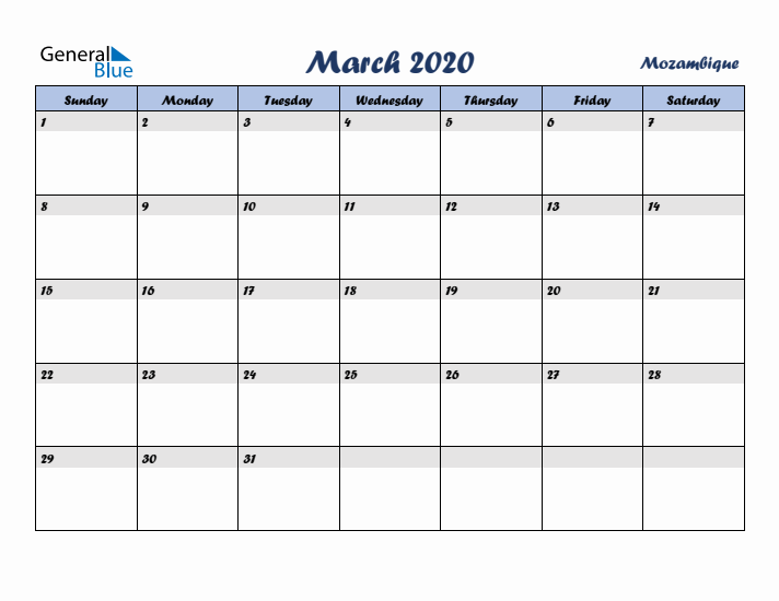 March 2020 Calendar with Holidays in Mozambique