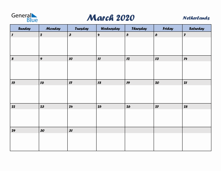 March 2020 Calendar with Holidays in The Netherlands