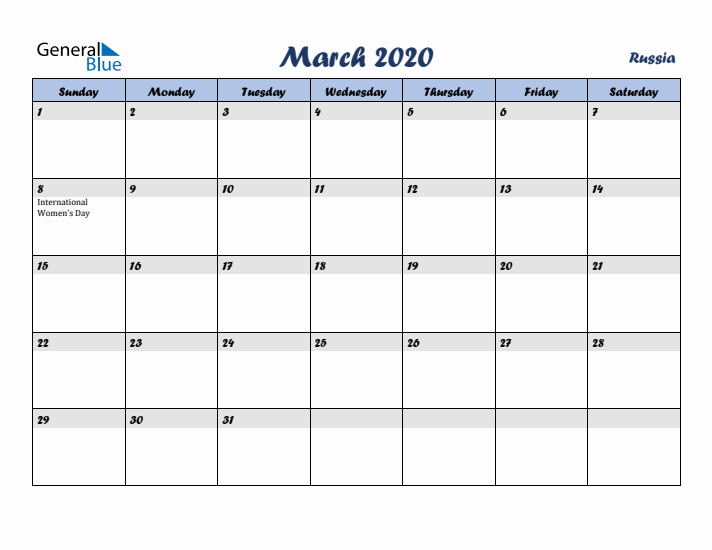 March 2020 Calendar with Holidays in Russia