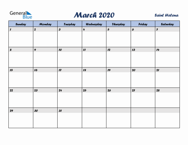 March 2020 Calendar with Holidays in Saint Helena