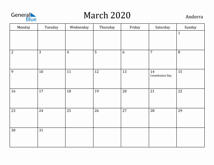 March 2020 Calendar Andorra