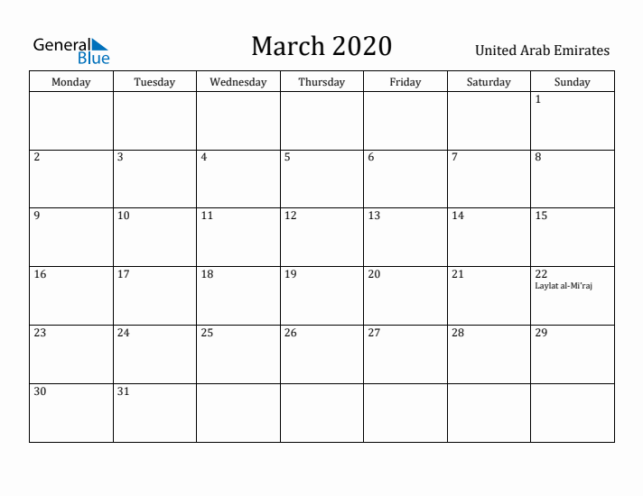 March 2020 Calendar United Arab Emirates