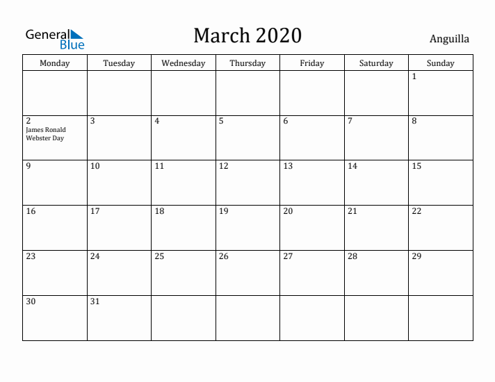 March 2020 Calendar Anguilla