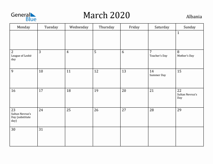 March 2020 Calendar Albania