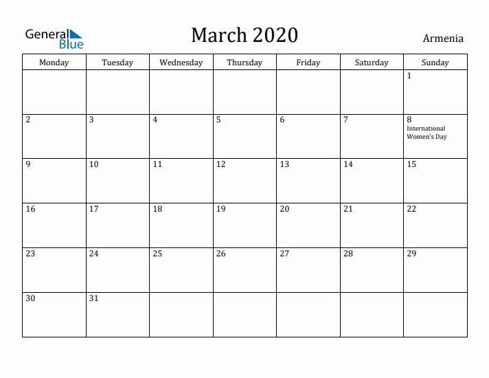 March 2020 Calendar Armenia